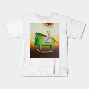 Child rides a green toy horse Kids T-Shirt